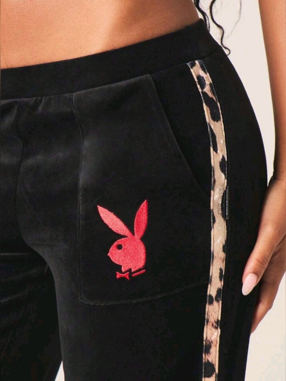 PLAYBOY Black Velour Pants with Red Bunny and Leopard Stripe - Picture 3 of 3